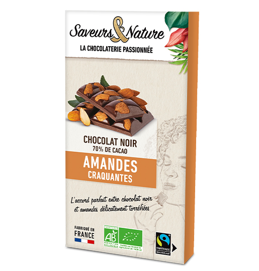 Tablette Chocolat Noir 70% Incrustée Amandes - Saveurs & Nature